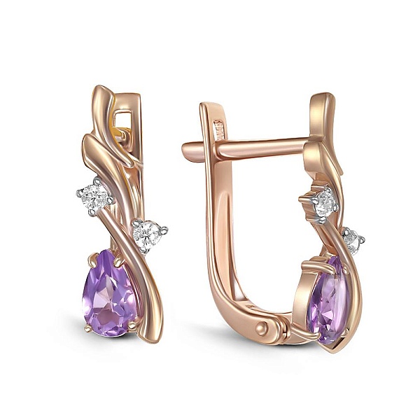 Серьги из красного золота с 2 аметистами и 4 фианитами