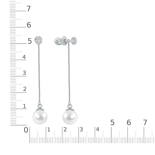 Серьги-пусеты из белого золота с 2 жемчужинами и 14 фианитами