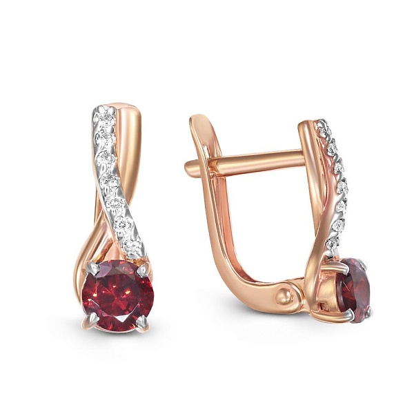 Серьги из красного золота с 2 гранатами и 14 фианитами