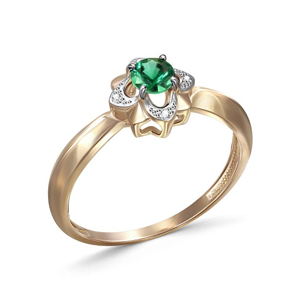 Кольцо Цветок из жёлтого золота с изумрудом и 4 бриллиантами