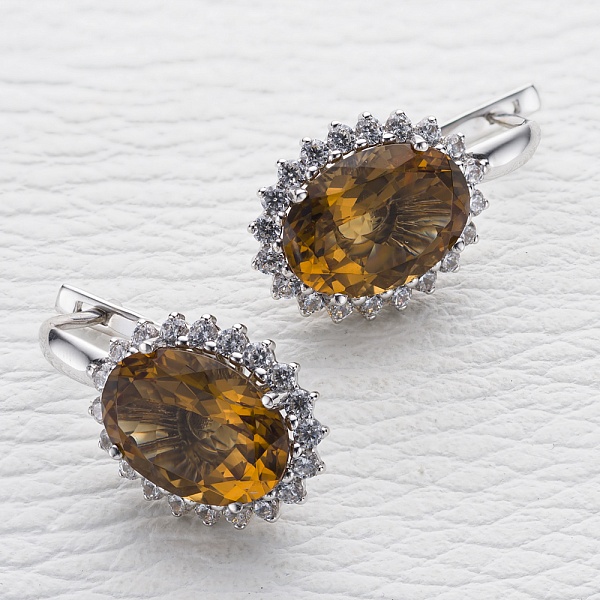 Серьги из белого золота с 2 султанитами и 40 фианитами