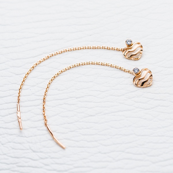 Серьги-продёвки Сердца из красного золота с 2 фианитами