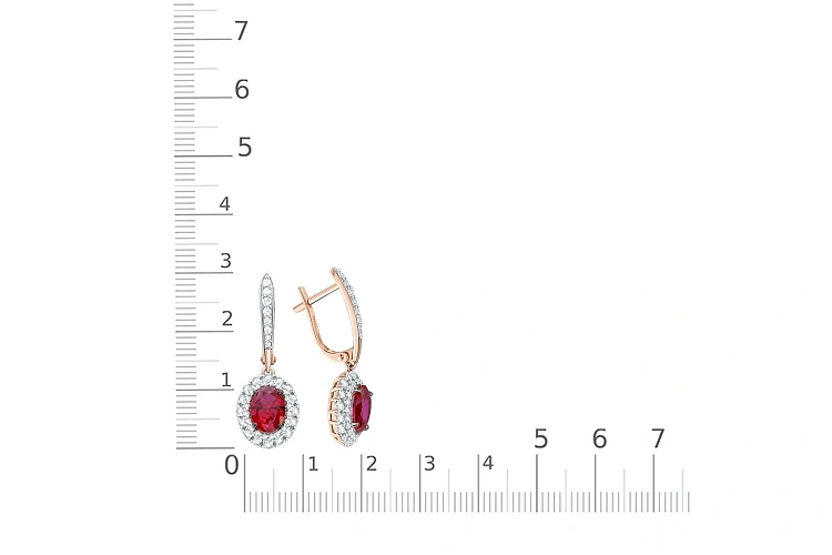 Серьги из красного золота с 2 корундами и 88 фианитами