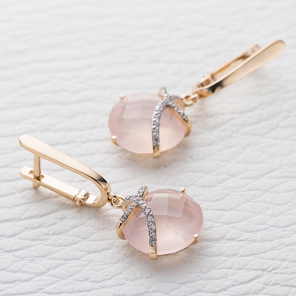 Серьги из красного золота с 2 кварцами и 32 фианитами