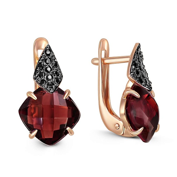 Серьги из красного золота с 2 гранатами и 28 фианитами