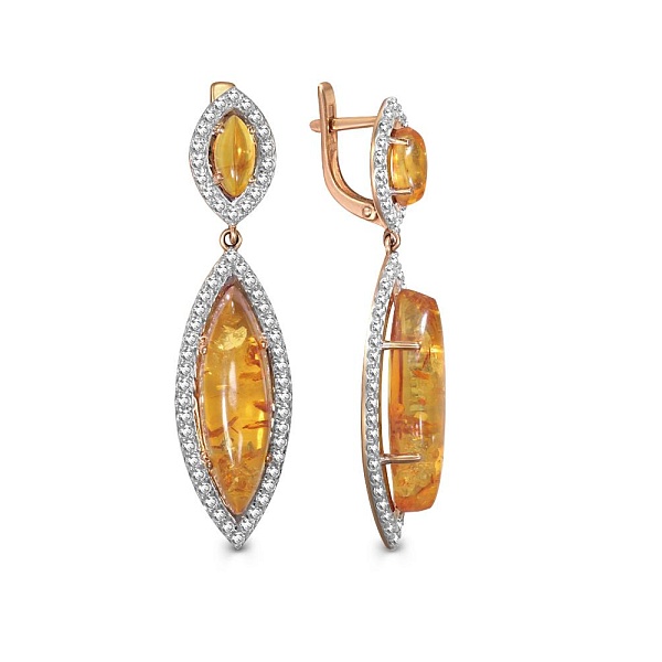 Серьги из красного золота с янтарём и 116 фианитами