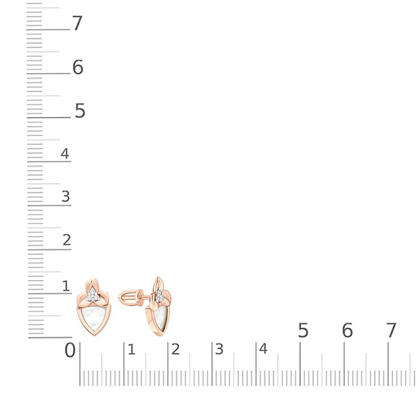 Серьги-пусеты Цветы из красного золота с перламутром и 6 фианитами