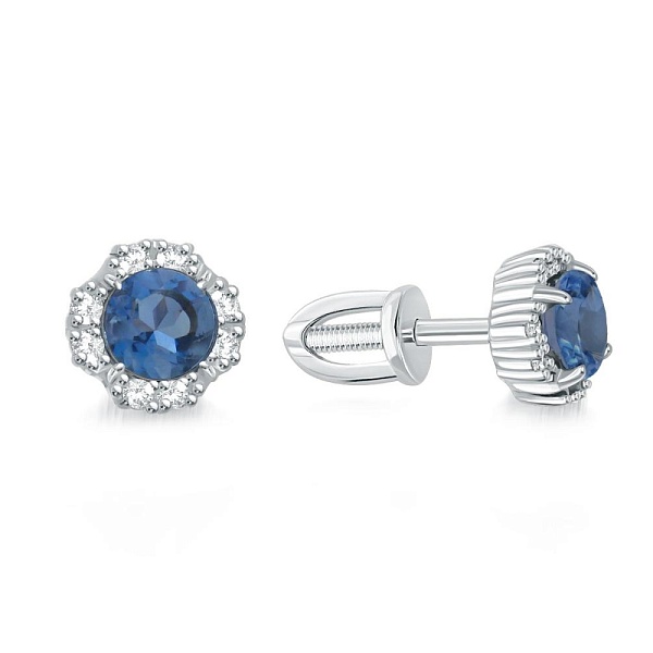 Серьги-пусеты из белого золота с 2 топазами лондон и 16 фианитами