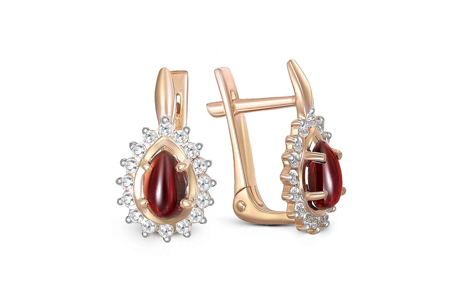 Серьги из красного золота с 2 гранатами и 32 фианитами