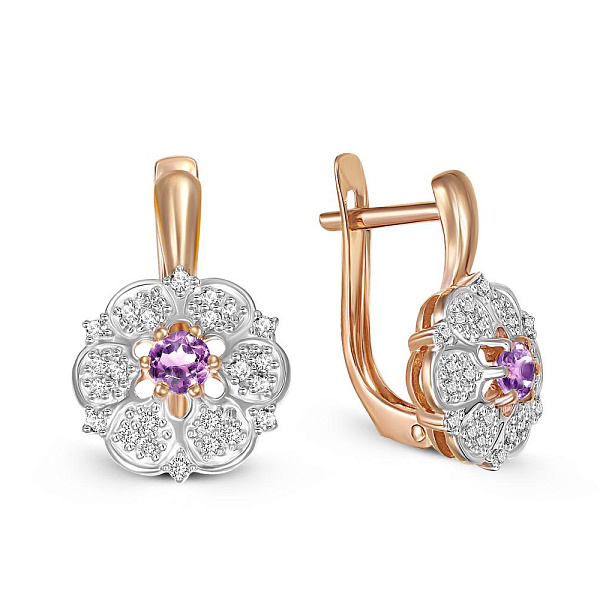 Серьги Цветы из красного золота с 2 аметистами и 48 фианитами