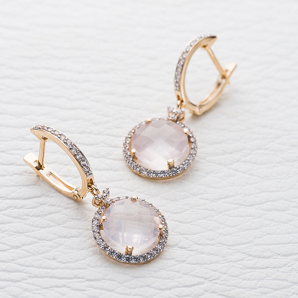 Серьги из красного золота с 2 кварцами и 78 фианитами