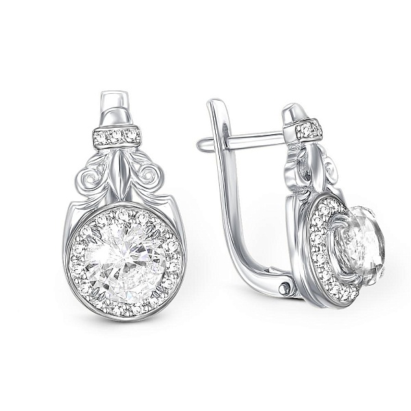 Серьги из белого золота с 2 кристаллами swarovski и 36 фианитами