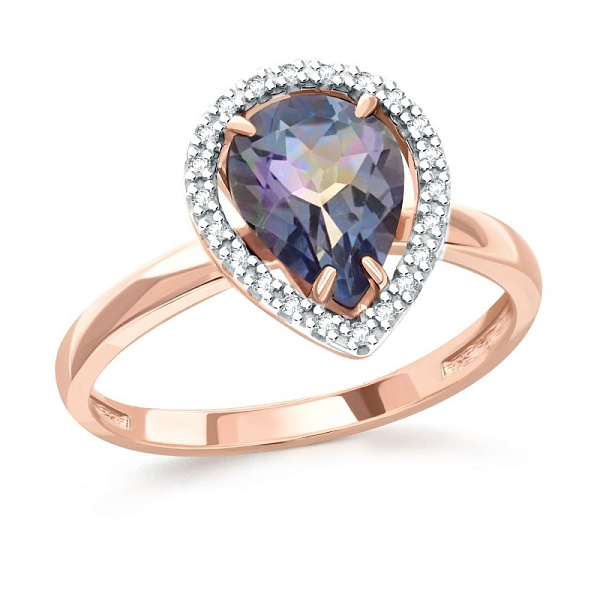 Кольцо из красного золота с кварцем и 22 фианитами