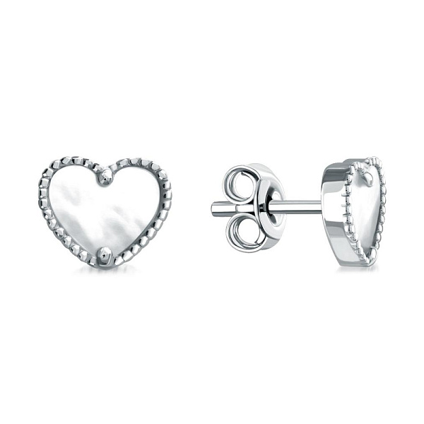 Серьги-пусеты Сердца из белого золота с перламутром