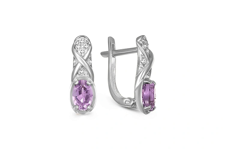 Серьги из белого золота с 2 аметистами и 14 фианитами