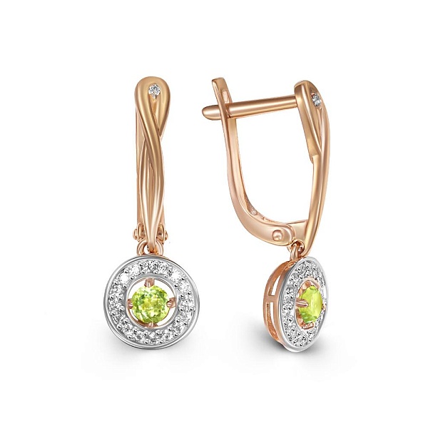 Серьги из красного золота с 2 хризолитами и 34 фианитами