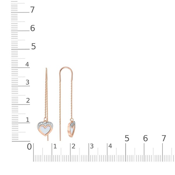 Серьги-продёвки Сердца из красного золота с перламутром и 14 фианитами