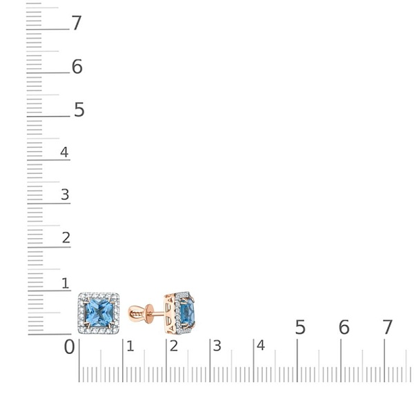 Серьги-пусеты из красного золота с 2 топазами swiss и 40 фианитами
