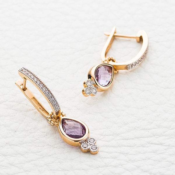 Серьги-трансформеры из красного золота с 2 аметистами и 32 фианитами