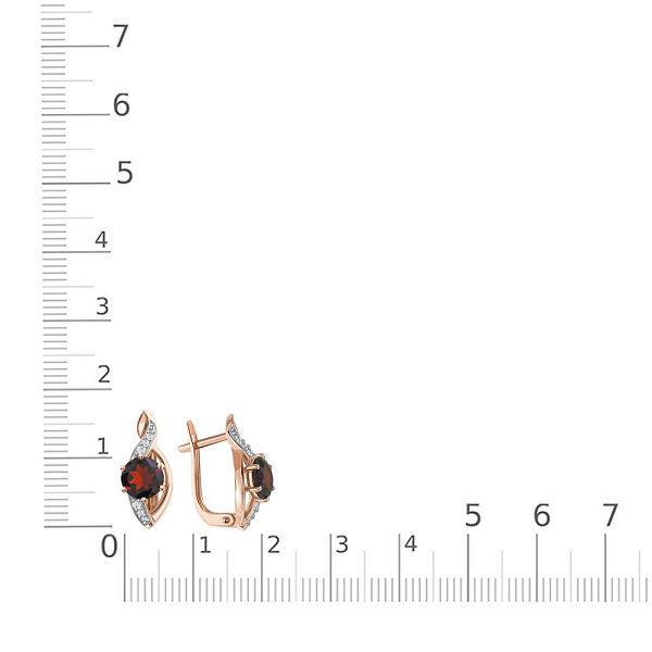 Серьги из красного золота с 2 гранатами и 12 фианитами