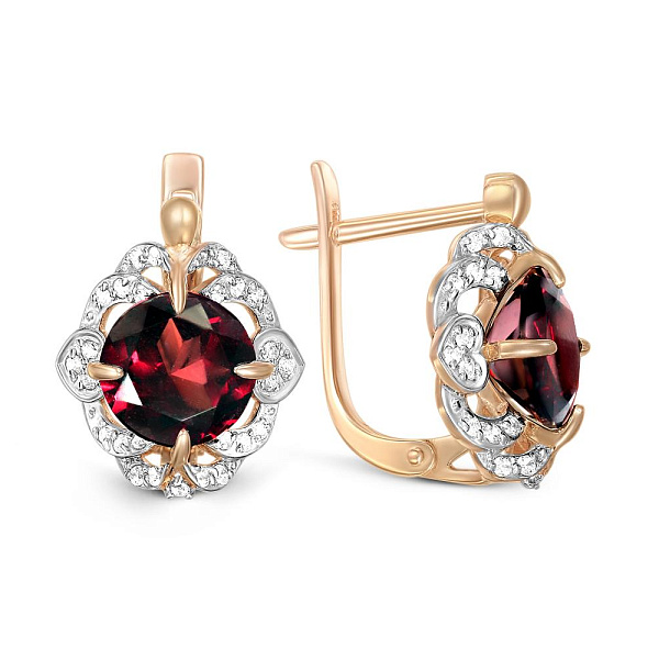 Серьги из красного золота с 2 гранатами и 52 фианитами