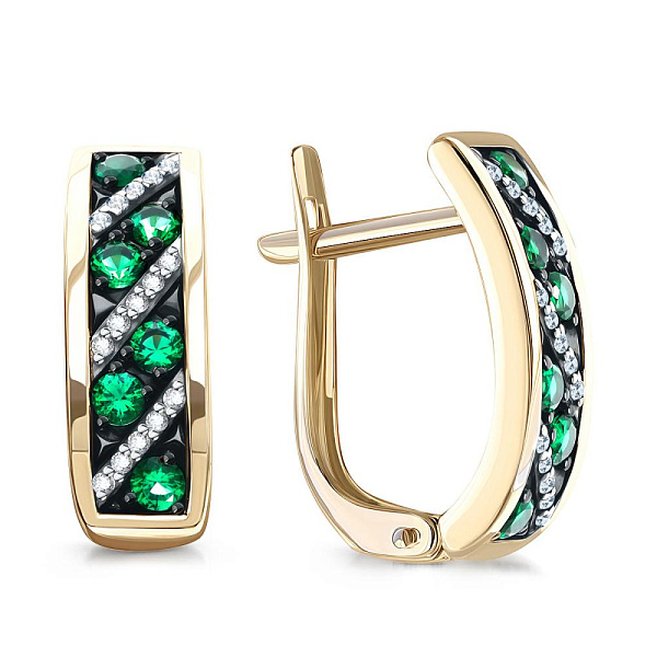 Серьги из жёлтого золота с 12 изумрудами и 30 фианитами