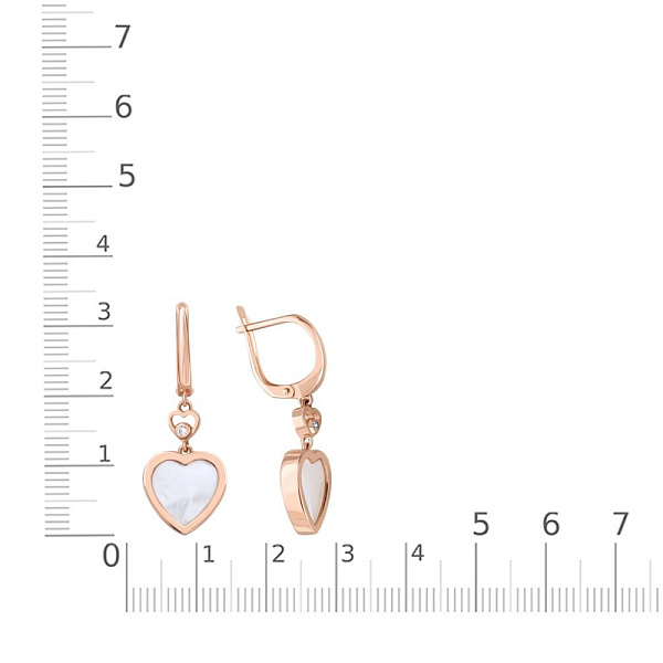 Серьги Сердца из красного золота с перламутром и 2 фианитами