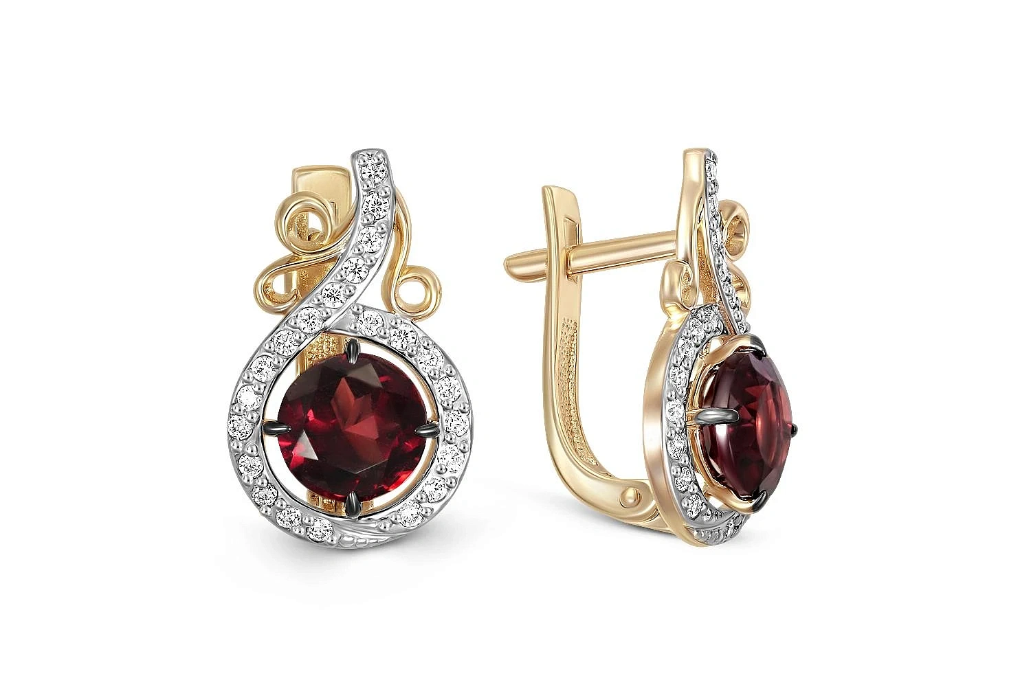 Серьги из жёлтого золота с 2 гранатами и 44 фианитами