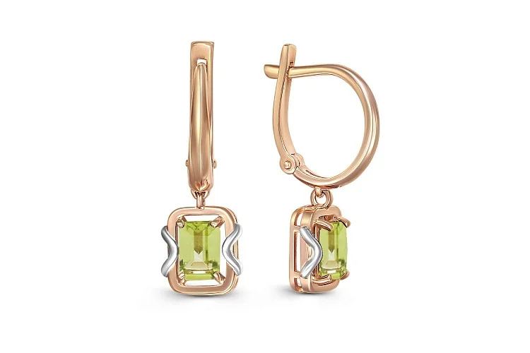 Серьги из красного золота с 2 хризолитами