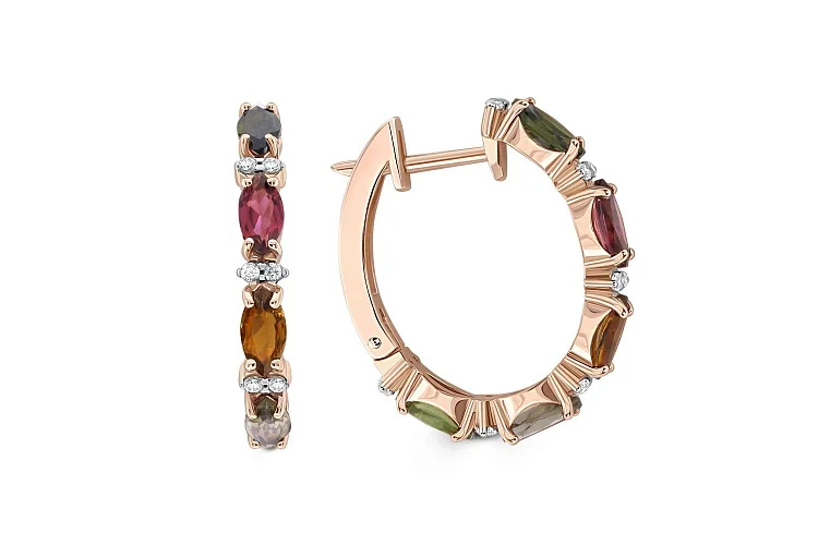 Серьги из красного золота с 10 турмалинами и 24 фианитами