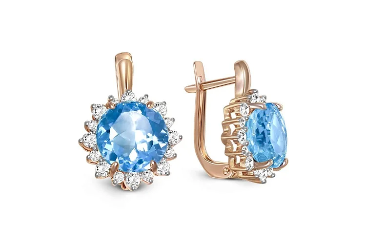 Серьги из красного золота с 2 топазами swiss и 32 фианитами