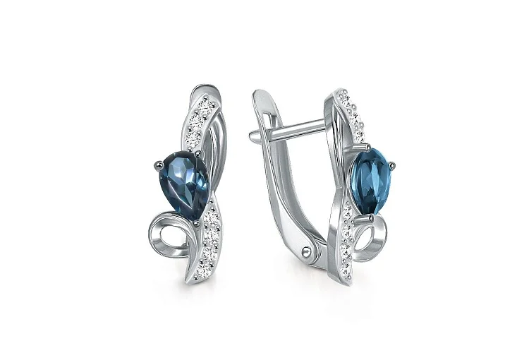 Серьги из белого золота с 2 топазами лондон и 14 фианитами