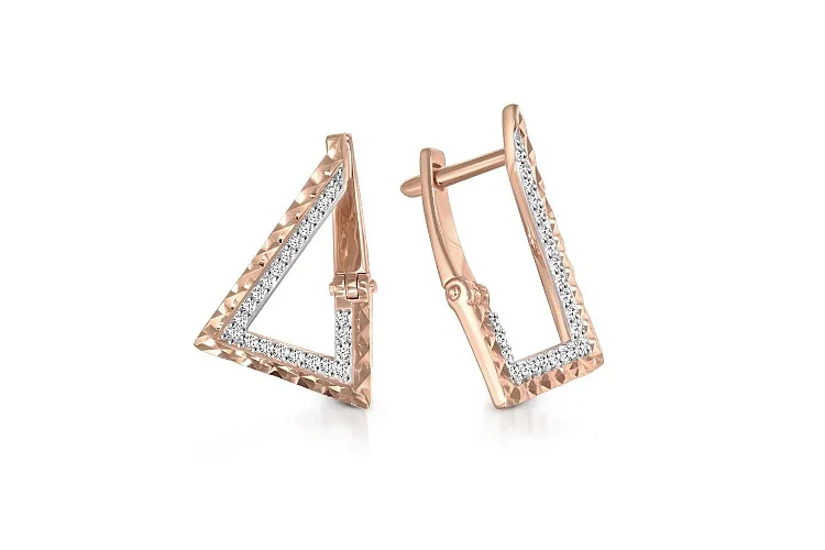 Серьги Треугольники из красного золота с 44 фианитами