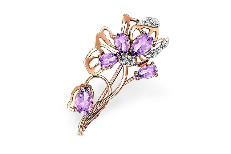 Брошь Цветок из красного золота с 5 аметистами и 13 фианитами