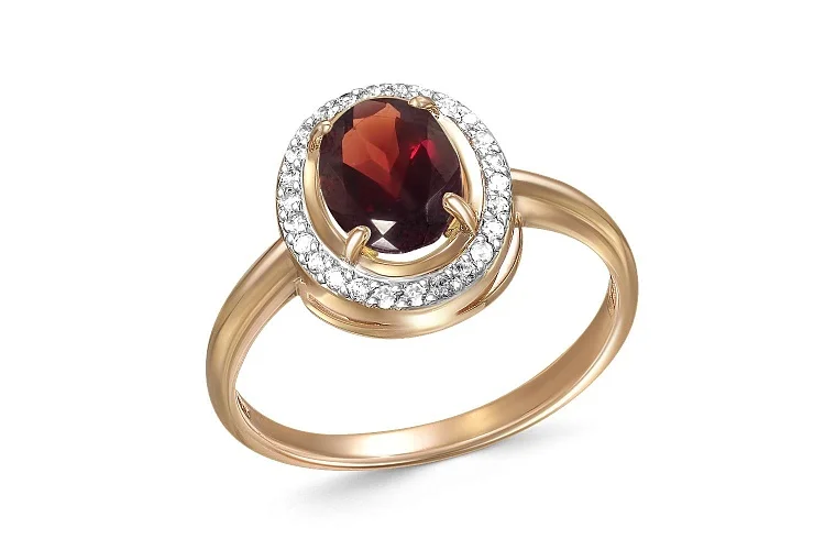 Кольцо из красного золота с гранатом и 26 фианитами
