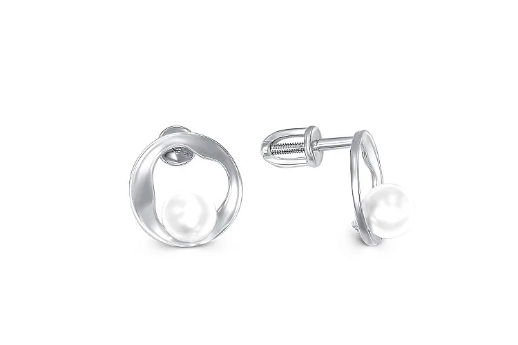 Серьги-пусеты Круги из белого золота с 2 жемчужинами