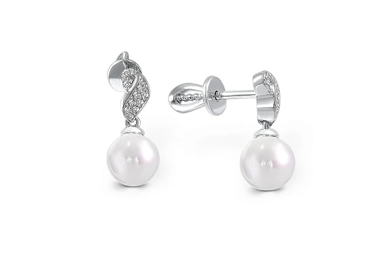 Серьги-пусеты из белого золота с 2 жемчужинами и 22 фианитами