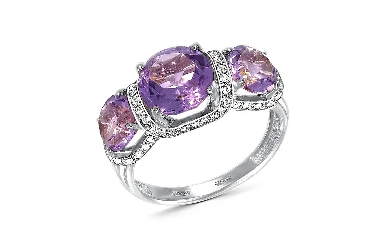 Кольцо из белого золота с 3 кварцами и 58 фианитами