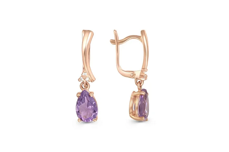 Серьги из красного золота с 2 аметистами и 6 фианитами
