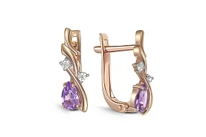 Серьги из красного золота с 2 аметистами и 4 фианитами