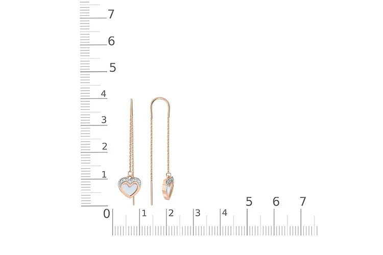 Серьги-продёвки Сердца из красного золота с перламутром и 14 фианитами