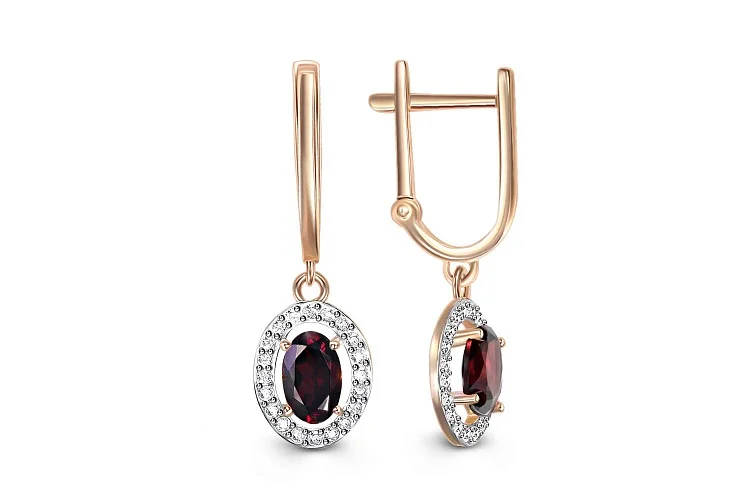 Серьги из красного золота с 2 гранатами и 40 фианитами