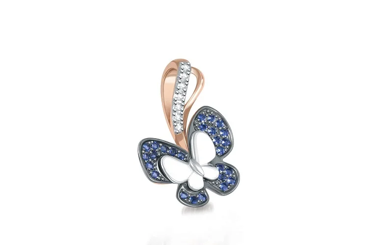 Подвеска Бабочка из красного золота с 7 бриллиантами и 26 сапфирами