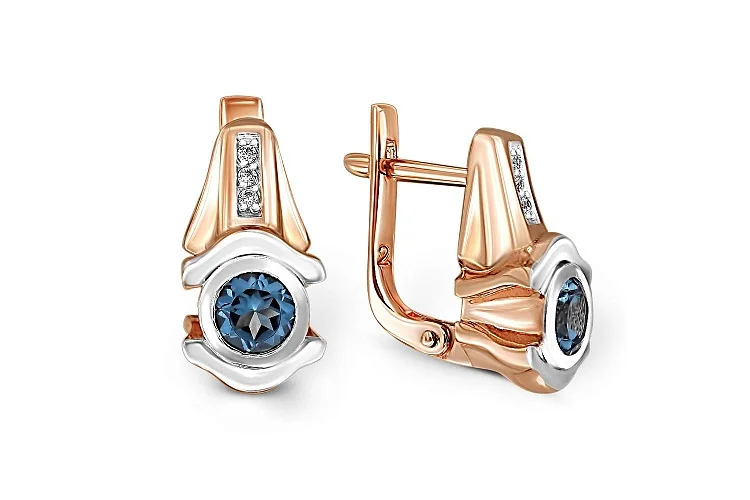 Серьги из красного золота с 2 топазами лондон и 6 фианитами
