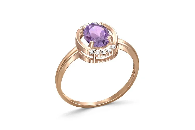 Кольцо из красного золота с аметистом и 10 фианитами