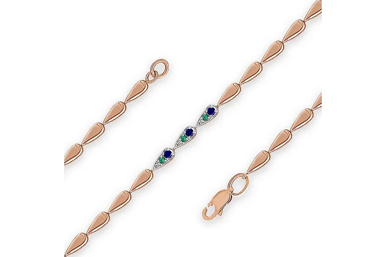 Браслет из красного золота с корундами, фианитами и изумрудами
