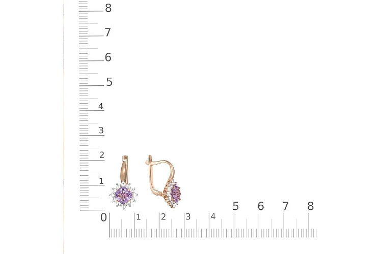 Серьги из красного золота с 2 аметистами и 24 фианитами
