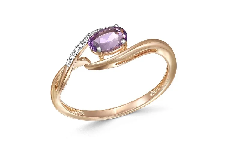 Кольцо из красного золота с аметистом и 7 фианитами