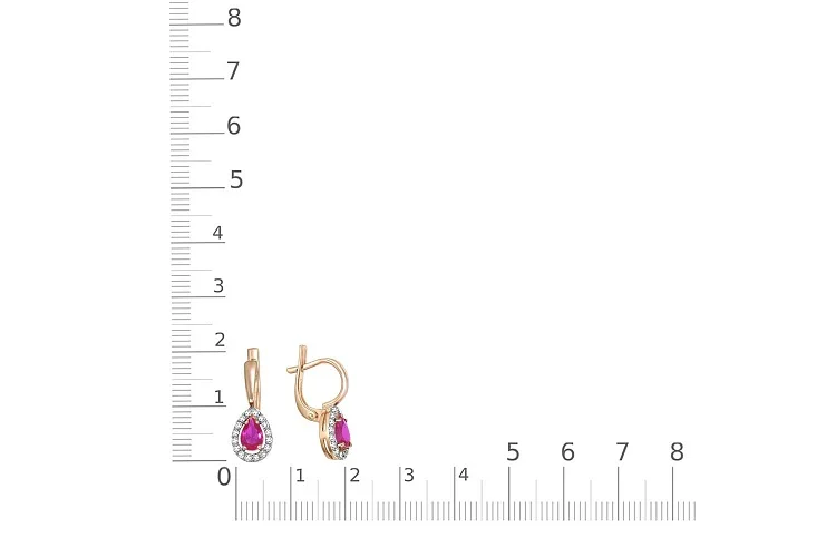 Серьги из красного золота с 2 корундами и 32 бриллиантами