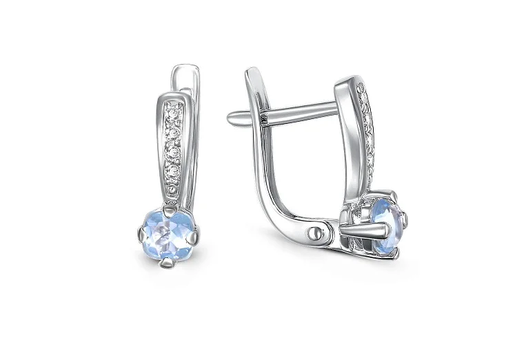 Серьги из белого золота с 2 топазами sky и 8 фианитами